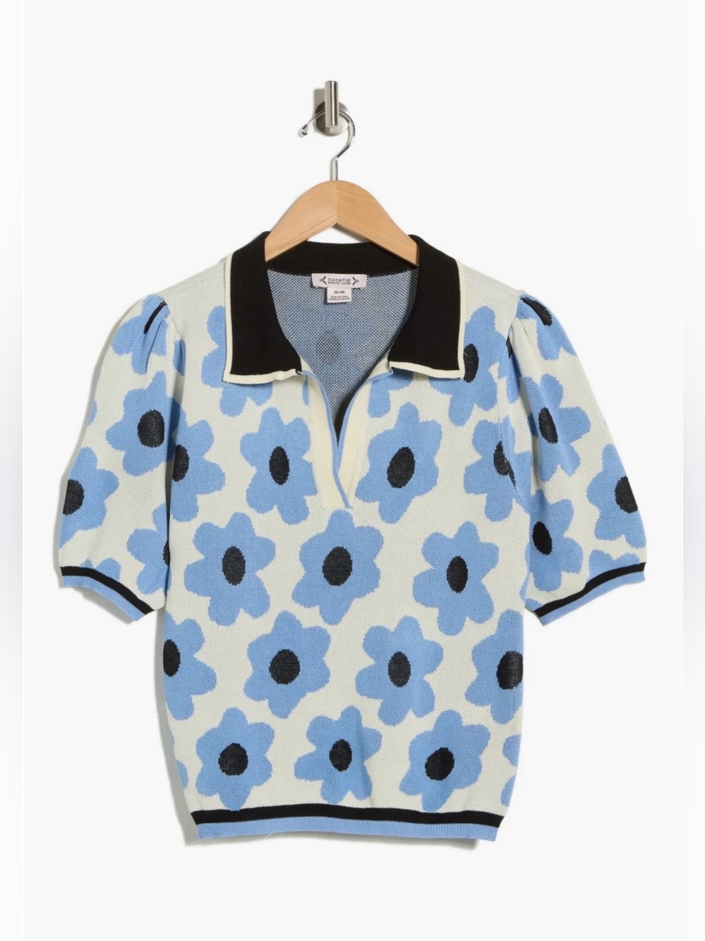 Nanette Lepore Floral Knit Polo Top - Light Blue/Black size L - Picture 3 of 3